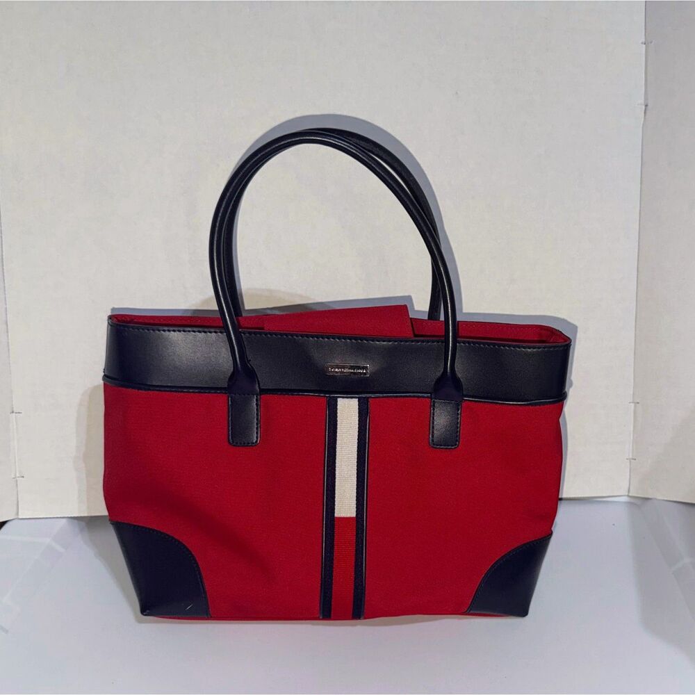 Tommy Hilfiger Large Tote Bag Red Canvas Navy Leather Trim Signature Stripe Logo